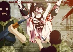 ak-47 araragi_karen black_hair blood bondage breasts bruise crying egg_hair_ornament female female_circumcision female_genital_mutilation functionally_nude gore guro gurowing knife knife_in_pussy legs_up legwear light-skinned_female monogatari_(series) ponytail pussy pussy_torture ryona ski_mask teenager terrorist torn_clothes torn_legwear torn_shirt torture uncensored