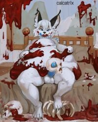 5_fingers after_vore anthro balls bed belly belly_grab big_belly biped black_body blood blue_eyes blue_penis blue_tongue bodily_fluids bone calcatrix claws collar cum death digestion digital_media_(artwork) digital_painting_(artwork) disembowelment erection fatal_vore feet felid feline felis fingers fur furniture genital_fluids genitals gore gore_focus guts hair hand_on_belly hard_vore hi_res humanoid_genitalia humanoid_penis inner_ear_fluff inside licking licking_lips licking_own_lips lynx male male_pred mammal nude on_bed organs overweight overweight_male painting_(artwork) penis precum red_collar self_lick sitting skeleton skull solo toes tongue tongue_out tuft vore weight_gain white_body white_fur white_hair