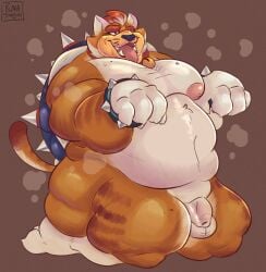 1boy anthro ass balls belly big_belly bowser bowser_day crouching domestic_cat erection fat fat_belly fat_male felid feline felis fur furry furry_male furry_only genitals hi_res koopa kumasaturn2 male male_only mammal mario_(series) meowser moobs muscular musk musk_clouds nintendo nipples obese obese_male overweight overweight_male penis pose scalie shell solo spikes stripes super_mario_3d_world tail tongue whiskers
