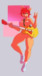 2017 anthro areolae casual electric_guitar female footwear fur furry furry_only groatydeer guitar kippy lammy_lamb musical_instrument naked_footwear nipple_piercing nude orange_fur pink_nipples pussy red_hair sweat tongue_out um_jammer_lammy vagina