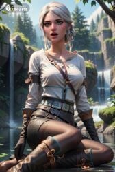 1girls ai_generated artist_name belt black_gloves blurry boots breasts cd_projekt_red ciri collarbone day freckles gloves green_eyes hair_bun hi_res high_heels knee_boots lips medium_breasts mole nose open_mouth outdoors pantyhose parted_lips r34arts scar scar_on_face shirt single_hair_bun sitting solo the_witcher_(series) the_witcher_3:_wild_hunt tree water waterfall watermark white_hair white_shirt yokozuwari