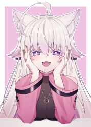 :d ahoge animal_ears arms_on_table bell_sleeves black_leotard breasts cat_ears cat_girl cleavage colored_inner_hair colored_tips commission female gold_necklace hair_between_eyes hands_on_own_face happy highres indie_virtual_youtuber jewelry kannagi_uhb large_breasts leotard long_hair looking_at_viewer multicolored_hair necklace non-web_source pink_background pink_sleeves purple_eyes shiyuonline simple_background skeb_commission smile solo solo_focus white_hair