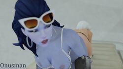 2girls 3d alternate_costume anal_double_dildo animated ashe_(overwatch) ass ass_to_ass blue_skin breasts cote_d'azur_widowmaker cum_string double_dildo duo female female_only fishnet_stockings fishnets human human_only lingerie nipples no_sound onusman overwatch purple_skin sex_toy stockings sunglasses sunglasses_on_head tagme thighhighs vaginal_penetration video white_hair widowmaker yuri