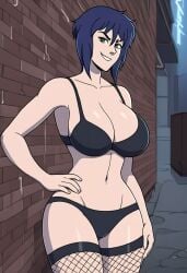1girls ai_generated alley alley_background alley_way alleyway bangs bare_arms bare_shoulders big_breasts big_breasts black_bra black_lingerie black_panties blue_hair bra breasts breasts cleavage exposed_shoulders female female female_focus female_only fishnet_clothing fishnet_legwear fishnet_stockings fishnets hand_on_hip large_boobs large_breasts laurie_lowell lingerie looking_at_viewer pantheon_(series) panties short_hair smirk solo solo_female solo_focus standing