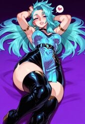 ai_generated blue_hair curvy curvy_figure gravure_soraka idol kda lying medium_breasts miniskirt posing seraphine_(league_of_legends)