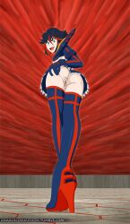 anus ass ass_grab bent_over black_hair blue_eyes blush boots breasts elbow_gloves female from_behind full_body gloves high_heel_boots high_heels large_breasts looking_at_viewer looking_back matoi_ryuuko medium_breasts microskirt multicolored_hair no_panties open_mouth pussy red_hair revealing_clothes senketsu short_hair skirt smile solo streaked_hair thigh_boots thighhighs two-tone_hair uncensored underboob