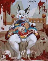 5_fingers after_vore ambiguous_gender anthro anthro_pred balls bed bedding belly big_belly biped black_body black_fur black_nose blood blue_eyes bodily_fluids bone calcatrix claws collar corpse death detailed_background digestion digital_media_(artwork) digital_painting_(artwork) disembowelment ear_tuft fatal_vore feet felid feline felis fingers fur furniture genitals gore gore_focus guts hair hard_vore hi_res inner_ear_fluff inside inside_stomach intestines licking licking_lips looking_at_viewer lynx male male_pred mammal nude on_bed open_mouth organs painting_(artwork) penis pillow rib_cage sitting skeleton skull smile snuff solo stomach stomach_acid teeth thick_thighs toe_claws toes tongue tongue_out tuft vore white_body white_fur white_hair