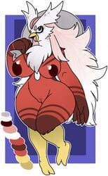 anthro avian beak big_breasts bird breasts delibird demonnyuu female hair long_hair multicolored_hair nintendo nipples non-mammal_breasts nude open_mouth original_character pink_hair pokémon_(species) pokemon pussy simple_background smile solo standing two_tone_hair video_games white_hair wide_hips