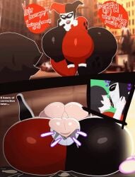 1boy 1girls age_difference animated asstronsfw balls batman_(series) big_ass big_balls big_breasts big_dom_small_sub bigger_female black_lipstick breasts breasts_bigger_than_head condom condom_balloon cum cum_filled_condom cum_on_floor cum_on_ground dc dc_comics female hands_on_head harley_quinn harley_quinn_(classic) jester jester_cap jester_hat jester_outfit kissing kissing_while_penetrated male mask masked masked_female mating_press missionary_position nipples_visible_through_clothing older_female_and_younger_male pale_skin pussy smaller_male speech speech_bubble text torn_bodysuit torn_clothes torn_clothing two_tone_clothing used_condom used_condoms vaginal_penetration vaginal_sex young younger_male