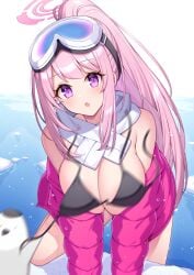 1animal big_breasts bikini blue_archive breasts eimi_(blue_archive) eimi_(swimsuit)_(blue_archive) female goggles_on_head huge_breasts ice millennium_science_school_student penguin pink_hair puffer_jacket scarf snow stealing_clothes surprised swimsuit t@ke-g very_high_resolution very_long_hair video_game_character water wet wet_skin
