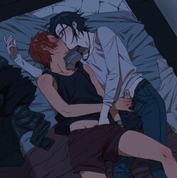 2boys bed belt black_belt black_hair black_tank_top blush brown_hair closed_eyes commentary english_commentary french_kiss fushimi_saruhiko gay gay_male handjob highres jewelry k-project kissing long_sleeves male male_focus male_pubic_hair multiple_boys necklace on_bed open_pants pants penis pubic_hair rectangular_eyewear short_hair shorts skinny tan tank_top tanlines thighs treslech3s watch wristwatch yaoi yata_misaki
