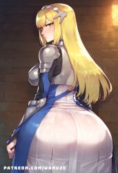 ai_generated aiz_wallenstein armor big_ass big_breasts big_butt big_thighs blonde_hair blush breasts dress dungeon_ni_deai_wo_motomeru_no_wa_machigatteiru_darou_ka expressionless female from_behind headband huge_ass huge_butt huge_thighs medium_breasts sideboob wanuze wide_hips yellow_eyes