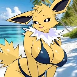 1:1 2025 anthro anthrofied beach big_breasts bikini black_sclera blue_bikini blue_clothing blue_sky blue_swimwear blurred_background breasts cleavage clothed clothing cloud day depth_of_field digital_media_(artwork) eeveelution evaacii fangs female fur generation_1_pokemon glistening glistening_body hair hi_res huge_breasts jolteon looking_at_viewer neck_tuft nintendo open_mouth outside photo_background photography_(artwork) pokemon pokemon_(species) pokemorph ruff sky smile solo swimwear tail teeth tuft two-piece_swimsuit white_eyes yellow_body yellow_fur