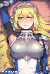 ai_generated aiz_wallenstein armor big_ass big_breasts big_butt big_thighs blonde_hair blush breasts dress dungeon_ni_deai_wo_motomeru_no_wa_machigatteiru_darou_ka expressionless female headband huge_ass huge_butt huge_thighs lying medium_breasts sideboob wanuze wide_hips yellow_eyes