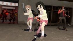 3d 3d_(artwork) aioi_yuuko baseball_bat being_watched black_hair brown_hair clothed cum cum_pool foreskin futanari game_screenshot heavy_(team_fortress_2) horse_penis horsecock huge_cock intersex leaking_cum long_hair looking_at_another minakami_mai nichijou penis pyro_(team_fortress_2) school_uniform scout_(team_fortress_2) shitpost shocked_expression short_hair shotgun small_penis sniper_(team_fortress_2) staring_at_penis team_fortress_2 uncircumcised uncut valve weapon