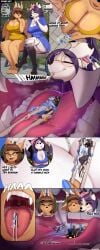 absurd_res anthro bodily_fluids breasts comic discordthege female group hi_res huge_filesize lunette_(lunebat) macro male male/female micro salem_(discordthege) saliva tongue vore willing_prey