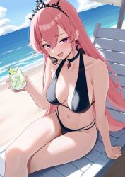 ai_generated arm_support armpit_crease bare_shoulders beach beach_umbrella bikini black_bikini black_tiara blush breasts chair cleavage collarbone commentary commission crossed_legs cup drinking_glass earrings english_commentary female hair_between_eyes halterneck hand_up highres holding holding_cup jewelry long_hair looking_at_viewer lounge_chair medium_breasts multi-strapped_bikini_bottom navel open_mouth outdoors pendant_choker phase_connect pink_hair purple_eyes runie_ruse second-party_source sitting skeb_commission smile snake_earrings solo stomach swimsuit thighs tiara tropical_drink umbrella virtual_youtuber xi_oshir1
