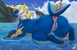 anus blep blue_body blush butt claws clitoris cloud fangs female feral generation_5_pokemon genitals hi_res horn looking_at_viewer looking_back looking_back_at_viewer nature nintendo outside partially_submerged pokemon pokemon_(species) rear_view red_eyes samurott sea seductive sky solo teeth tongue tongue_out vulva water waterfall zyria