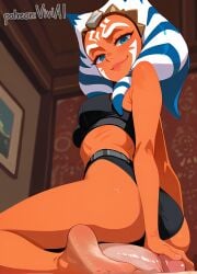 1boy 1boy1girl 1female 1girls ahsoka_tano ai_generated blue_eyes clothed erection feet female looking_at_viewer orange_body penis sitting_on_person soles star_wars tagme viewed_from_below viviai