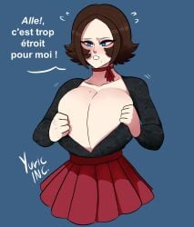 artist_name ballerina ballet_dress big_breasts blue_background blue_eyes breasts_bigger_than_head brown_hair country_inc_(yuric_inc) countryhumans female female_only france france_(countryhumans) france_(yuric_inc) french_female french_text huge_breasts meme mole_on_breast mole_under_mouth short_hair tight_clothing yuric_inc