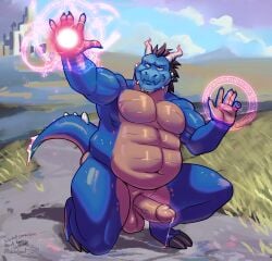 2025 anthro balls bodily_fluids casting_spell circumcised dragon erection genital_fluids genitals hi_res horn looking_at_viewer magic male mikrogoat musclegut muscular mythological_creature mythological_scalie mythology navel nude outdoor_nudity overweight overweight_anthro overweight_male penis precum scalie solo thick_thighs vein veiny_penis
