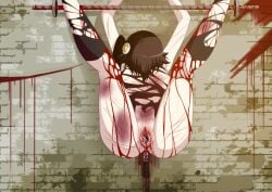 araragi_karen black_hair blood bondage breasts bruise clitless egg_hair_ornament female female_circumcision female_genital_mutilation functionally_nude gore guro gurowing knife knife_in_pussy knife_insertion labia legs_up legwear light-skinned_female monogatari_(series) ponytail pussy pussy_torture ryona teenager torn_clothes torn_legwear torn_shirt torture uncensored