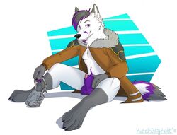 animal_genitalia anthro balls bottomless canine claws clothed clothing fox fur kutekittykatt looking_at_viewer male male_only mammal markings muzzle_(object) penis penis_tip pinup pose precum sheath simple_background snout socks_(marking) solo white_fur