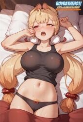 ai_generated alice_thymefield bed big_breasts black_panties blonde_hair bow_panties breasts covered_nipples female female_pubic_hair heterochromia light-skinned_female light_skin morning open_mouth orange_eyes panties pubic_hair rabbit_ears rabbit_girl red_eyes royrathehot solo sweat tongue twintails watermark yawn yawning zenless_zone_zero