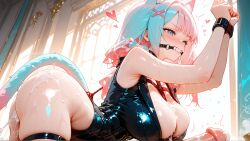 1futa 1girl ai_art ai_generated animal_ears armpits blue_hair bondage breast_bondage breasts cat_ears cat_girl cat_tail catgirl cute dickgirl erection female futanari gagged intersex koneko konekofuta large_breasts large_penis penis pink_hair red_rope tied_up two_tone_hair two_tone_hair_(blueandpink)