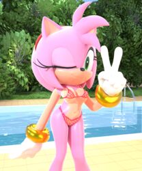 2019 3d 5_fingers amy_rose anthro bikini biped breasts clothed clothing eulipotyphlan eyelashes female female_focus fingers fur gloves green_eyes hair hairband hedgehog hi_res hibiscus_tea mammal medium_breasts one_eye_closed smile solo sonic_(series) standing swimming_pool swimsuit translucent transparent_clothing v_sign video_games water wink