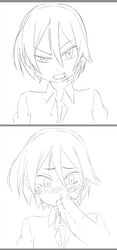 blush cum cum_in_mouth female irrumatio monochrome open_mouth oral original overflow satsuyo short_hair solo_focus surprised teeth