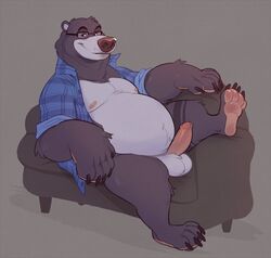 2019 anthro balls black_bear bottomless clothed clothing erection eyewear glasses humanoid_penis igiveyoulemons looking_at_viewer male male_only mammal moobs nipples open_shirt overweight overweight_male penis shirt simple_background sitting smile solo ursine