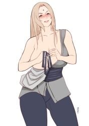 bare_shoulders blonde_hair blush breasts brown_eyes cleavage collarbone cowboy_shot facial_mark female forehead_mark grin huge_breasts japanese_clothes kimono large_breasts lips lipstick long_hair looking_at_viewer makeup naughty_face no_bra obi pants parted_lips sash shirt simple_background sleeveless smile solo standing striped tsunade white_background