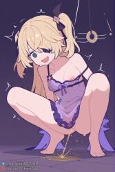1girls ai_generated blonde_hair boosty_username breasts eyepatch female female_only fischl_(genshin_impact) genshin_impact green_eyes hoyoverse hypnosis kirill782 long_hair mihoyo nipples one_breast_out peeing pendulum pussy sitting smile solo squatting stable_diffusion telegram_username twintails urine watermark