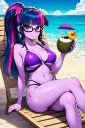 1girls ai_generated beach beach_chair big_breasts bikini breasts clouds cocktail_umbrella coconut_drink crossed_legs drinking_straw equestria_girls female female_only friendship_is_magic glasses hasbro looking_at_viewer my_little_pony nai_diffusion navel novelai ocean ponytail reclining sci-twi sky solo solo_female stable_diffusion swimsuit thighs twilight_sparkle_(mlp) water