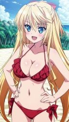 1female 1girls absolute_duo ai_generated anime_girl arms beach beach_background bikini blo blonde_female blonde_hair blonde_hair_female blue_eyes breasts cleavage clothed clothing covered_up de female hands legs lilith_bristol long_hair palm_tree palms red_bikini red_clothing safe_for_work solo tagme upper_body upper_body_focus upper_body_only very_long_hair