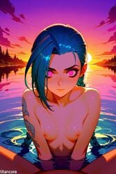 (titancore) ai_generated arcane_jinx blue_hair breasts female girl guy jinx_(league_of_legends) lake league_of_legends long_hair naked nipples pov purple_eyes small_breasts sunset swimming tattoo tattoos twintails video_game_character water wet_body