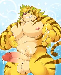 2017 balls big_balls big_muscles big_penis cum erection fur green_sclera huge_balls huge_cock humanoid_penis macan_(tokyo_afterschool_summoners) magan male male_only muscular muscular_male nipple_pinch nipples nude penis pinch schwarzfox solo tokyo_afterschool_summoners video_games