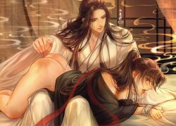 2boys ahoge artist_name ass bare_shoulders bed bed_sheet bishounen black_eyes black_hair black_hanfu blush bottomless bound bound_wrists brown_hair chinese_clothes chinese_commentary curtains hair_ribbon half-closed_eyes hanfu high_ponytail indoors lan_wangji lattice long_hair long_sleeves looking_at_another lying lying_on_lap male male_focus modao_zushi multiple_boys multiple_males off_shoulder on_bed on_stomach open_mouth parted_bangs pillow ponytail red_ribbon ribbon robe saliva see-through_curtains sex sheet_grab sidelocks sitting slap_mark smoke spanked spanking sweat tears tongue tongue_out torogao wei_wuxian white_hanfu wide_sleeves window wxym0910 yaoi yellow_eyes