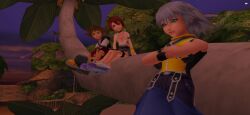beach bridge brown_hair island kairi kingdom_hearts quietkid2005 red_hair riku sora sunset tits_out tree white_hair
