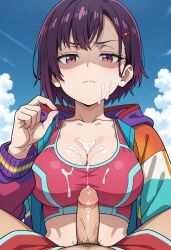 1boy 1girls ai_generated annoyed_expression beach breasts cleavage clothed_female_nude_male cum disappointed female looking_at_viewer male mikazuki_shizuka self_upload shaded_face tagme zom_100:_zombie_ni_naru_made_ni_shitai_100_no_koto