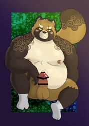 2019 anthro balls belly blush brown_fur canine censor_bar censored erection fur gyobu humanoid_hands ineffective_censorship kuzunoha_0705 male male_only mammal moobs nipples overweight overweight_male penis scar sitting solo tanuki tattoo tokyo_afterschool_summoners video_games