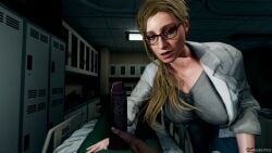 1boy 1boy1girl 1girls 3d annette_birkin big_breasts blonde_female blonde_hair blue_eyes clothed clothed_female dark-skinned_male doctor eyewear female hospital hospital_bed imminent_fellatio interracial labcoat large_breasts light-skinned_female long_hair looking_at_viewer male mature_female pov pov_eye_contact pov_male resident_evil taikakettu twitter_link