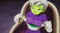 1girls alien_girl battle_armor breasts busty chair cheelai dragon_ball dragon_ball_super elastic_armor female gloves green_skin humanoid leotard looking_at_another looking_away medium_breasts nipple_bulge nipples open_mouth pink_eyes room see-through short_hair sitting smiling solo suit tagme white_hair