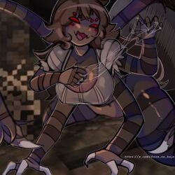 1girls 8_eyes cave chelicerae claws cleavage dark female glowing_eyes glowing_red_eyes hair korazor lotus_(nannocansado) lotus_(verycansado) minecraft multi_eye point_of_view pov red_eyes spider_(minecraft) spider_girl striped_body tagme talons thick_thighs torch web