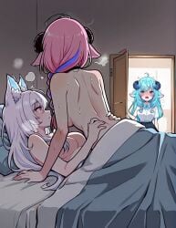 3girls ai_generated animal_ears bed bedroom blue_hair ehrilyth fogine horns indie_virtual_youtuber irelyth lesbian_sex meme pink_hair pookyboo virtual_youtuber vtuber white_hair yuri