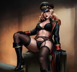 1girls astra_militarum black_bra black_panties blonde_hair boots coat coat_open commissar female garter_belt garter_straps imperial_guard imperium_of_man lingerie peaked_cap pinup solo solo_female solo_focus stockings tease thighs trenchcoat warhammer_(franchise) warhammer_40k