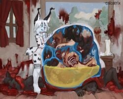 after_vore ambiguous_gender anthro anthro_pred anthro_prey belly big_belly black_body black_fur blood blue_eyes bodily_fluids bone brown_body brown_fur calcatrix canid canine canis corpse death digestion digital_media_(artwork) digital_painting_(artwork) disembowelment domestic_cat domestic_dog fatal_vore felid feline felis female female_prey fully_inside fur gore gore_focus group guts hair hard_vore hi_res huge_belly hyper imminent_death inside inside_stomach internal intestines licking licking_lips licking_own_lips lynx male male/male male_pred male_prey mammal markings multiple_prey nude open_mouth oral_vore organs painting_(artwork) rib_cage same_size_vore self_lick skull smile snuff solo stomach stomach_acid stomach_bulge stripes tail tongue tongue_out tuft vore white_body white_fur white_hair window