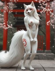 1girls ai_generated amaterasu amaterasu_(okami) anthro anthrofied anthropomorphic beautiful big_breasts black_sclera breasts canine canine_humanoid capcom cherry_blossom_tree deity female furry furry_female furry_only goddess in_heat japanese japanese_mythology long_hair looking_at_viewer naked naked_female nipples nude nude_female okami okami_(capcom) realistic red_accents red_markings seductive seductive_look seductive_smile sexy sexy_body sexy_pose tail tits_out voluptuous voluptuous_female white_body white_fur white_hair wolf wolf_girl wolf_humanoid yellow_eyes