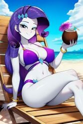 1girls ai_generated beach beach_chair big_breasts bikini breasts cleavage cloud cocktail_umbrella coconut_drink crossed_legs drinking_straw equestria_girls erect_nipples female female_only friendship_is_magic hasbro looking_at_viewer my_little_pony nai_diffusion nail_polish navel nipple_bulge novelai ocean purple_nails rarity_(eg) rarity_(mlp) sky solo solo_female stable_diffusion thighs water